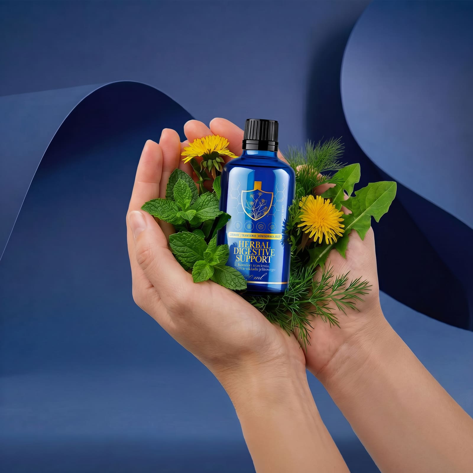 Herbal Digestive Support — butelka produktu na tle ziół
